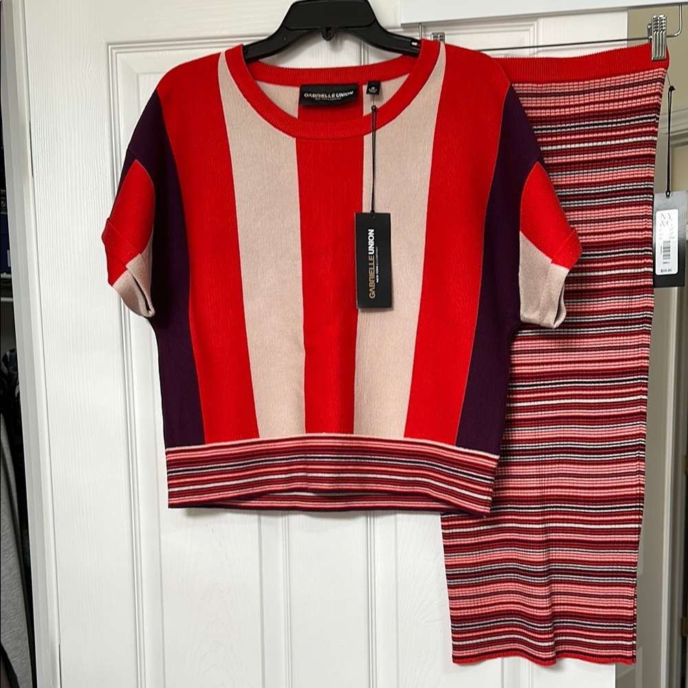 Gabrielle Union Red and Purple Striped Top and Ribbed Skirt Set. SZ SMALL NWT